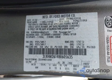 2008 Lincoln Mkz from USA, damaged, VIN 3LNHM26T48R605635